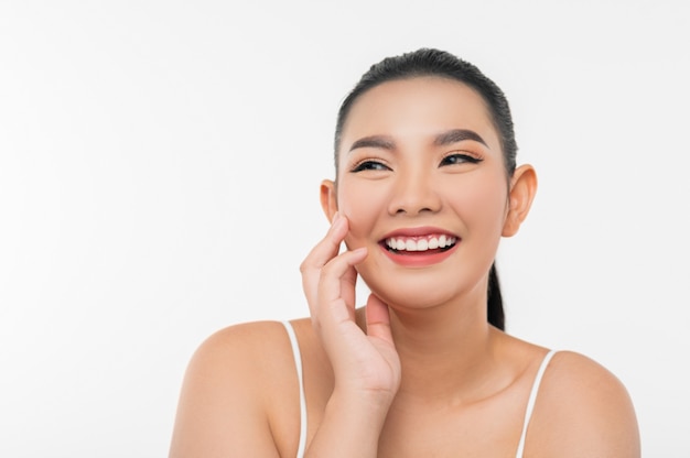 Portrait of beautiful asian woman with black hair and pink lips