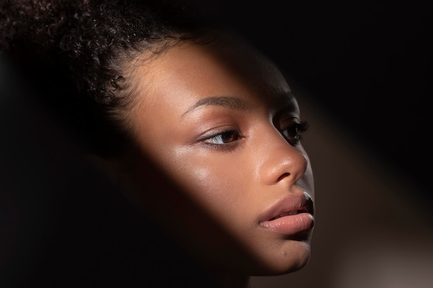 Free photo portrait of beautiful black woman with mysterious shadows