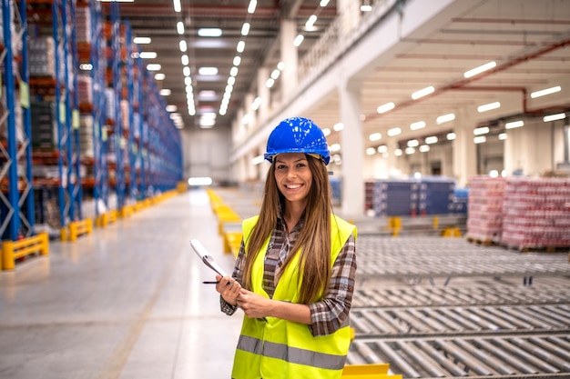 Portrait of beautiful brunette woman with hardhat and reflective jacket holding checklist in big warehouse storage area