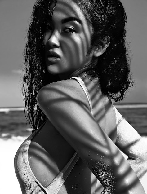 portrait of beautiful caucasian sunbathed woman model with dark long hair in beige swimsuit posing on summer beach with white sand on blue sky and ocean