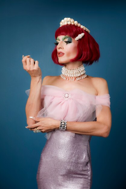 Portrait of beautiful drag person wearing makeup and wig