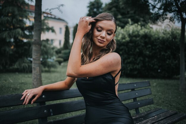 Ritratto di una bella donna elegante in un elegante abito nero seduto su una panchina nel parco