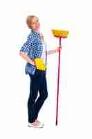 Free photo portrait of beautiful female cleaner with broom