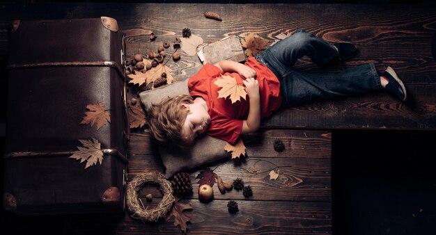 Portrait of a beautiful happy little boy closeup joys of childhood autumnal foliage adorable funny c...