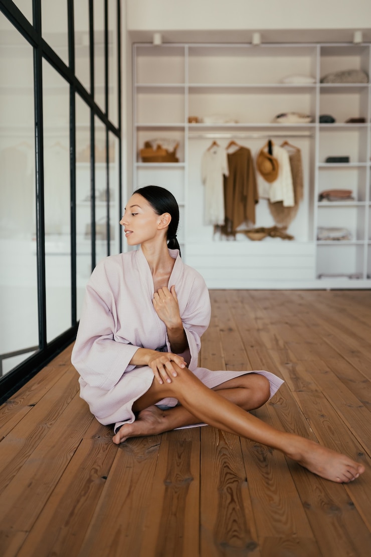 Free Photo portrait of a beautiful healthy woman in bathrobe posing at camera indoors
