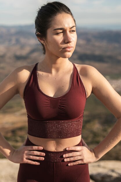 Portrait beautiful woman in break after yoga