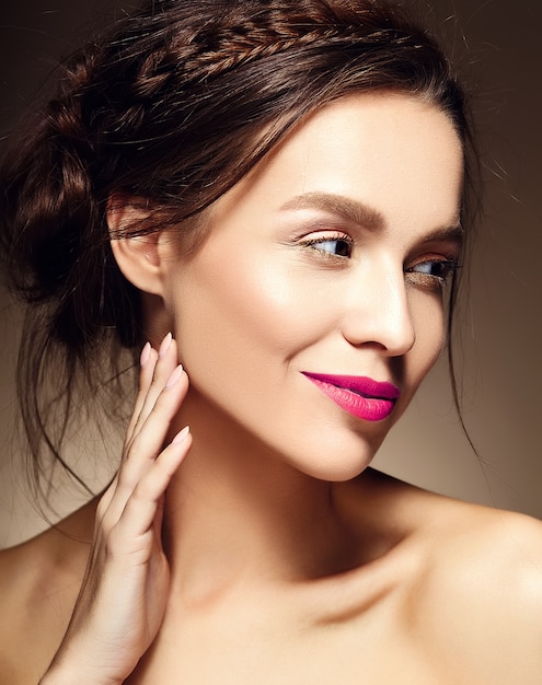 portrait of beautiful woman model with fresh daily makeup and red lips