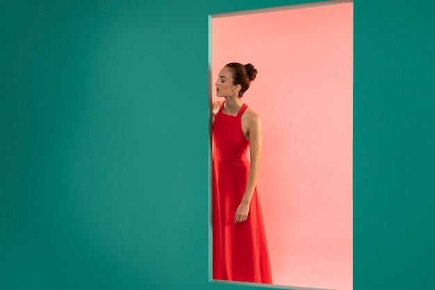 Stunning Free Stock Photo: Portrait of Beautiful Woman Posed in a Flowy Red Dress