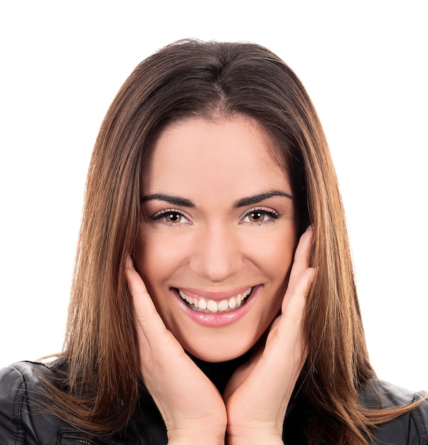 Portrait of beautiful woman in studio on white background