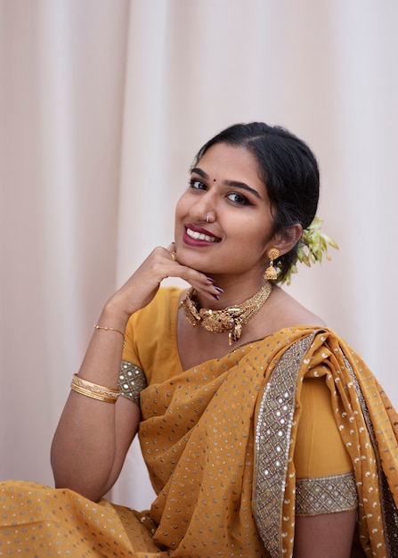 Portrait of beautiful woman wearing traditional sari garment