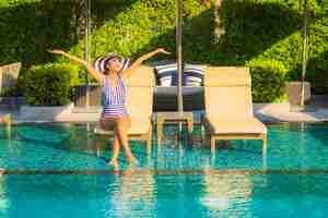 Free photo portrait beautiful young woman relax smile leisure on vacation around swimming pool in resort hotel