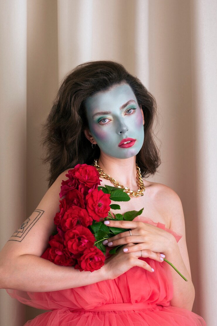 Free Photo portrait of beautiful young woman with face paint and flowers