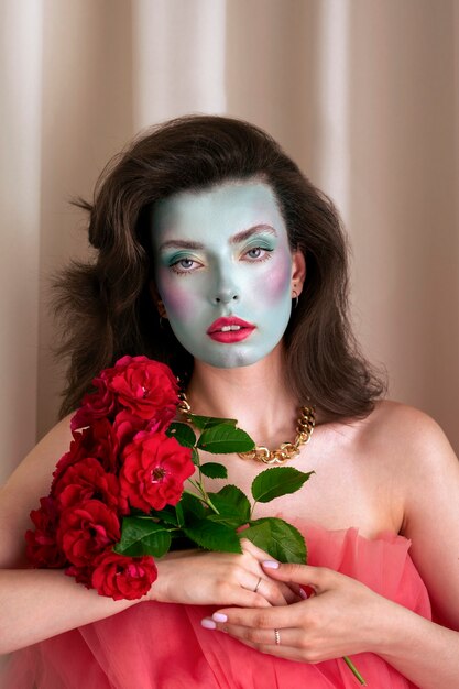 Портрет красивой молодой женщины с краской для лица и цветами