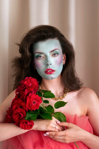 Portrait of beautiful young woman with face paint and flowers