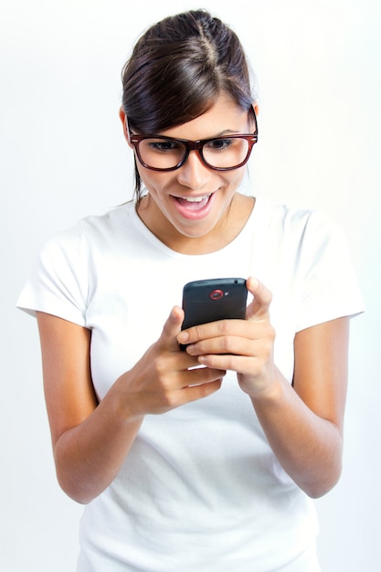 Portrait of beautiful young woman with mobile.