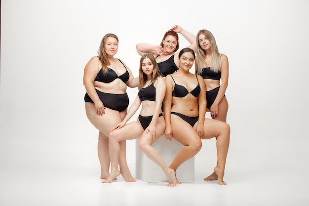 Portrait of beautiful young women with different shapes posing on white