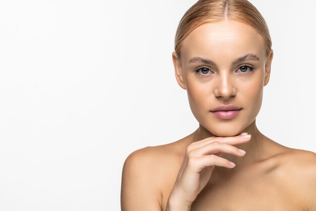 portrait of blonde with the ideal skin, isolated on white