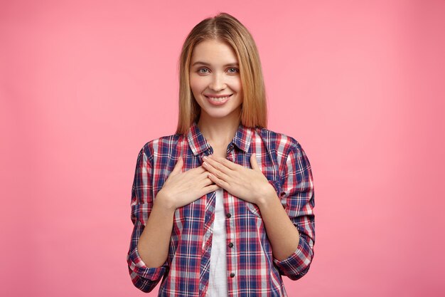 Portrait of blonde woman in striped shirt