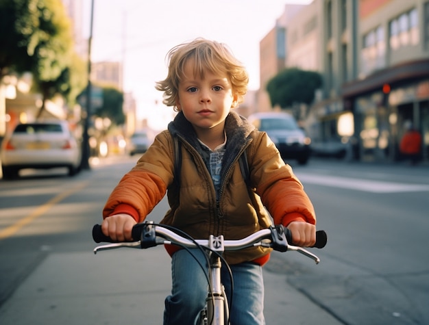 Free photo portrait of boy riding a bike