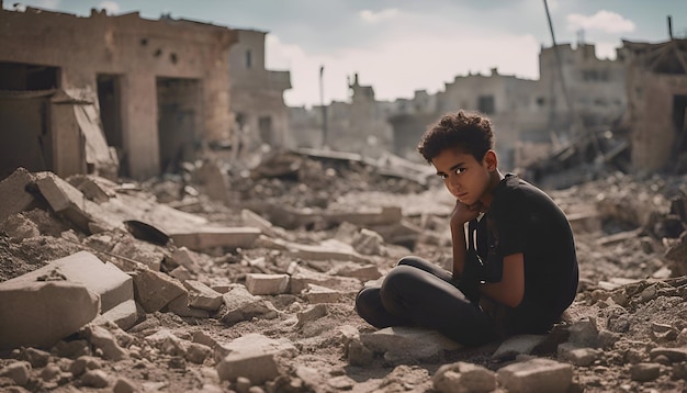 Free photo portrait of a boy sitting on the ruins of an old building