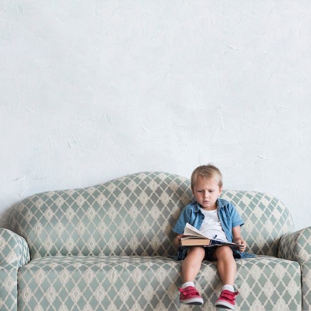 Portrait of a boy sitting on sofa reading book