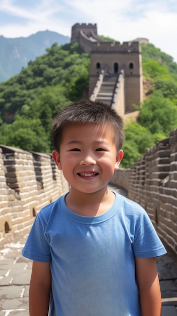 Free photo portrait of boy tourist visiting the great wall of china