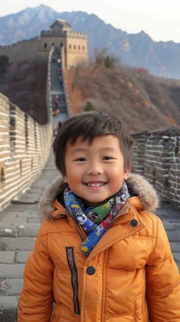 中国の大壁を訪れる少年観光客の肖像画