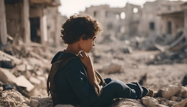 Portrait of a boy with a backpack sitting on the ruins of an old building