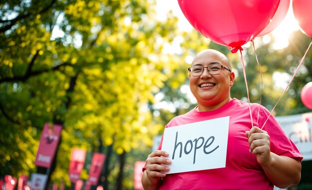 portrait of breast cancer survivor smiling  with hope written on sign