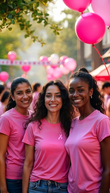 portrait of breast cancer survivors celebrating together