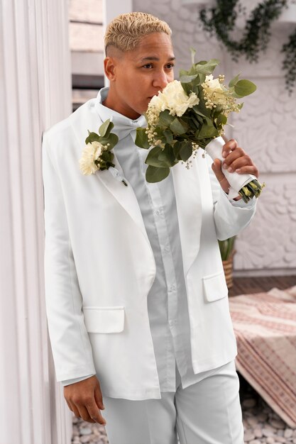 Portrait of bride wearing white for her wedding