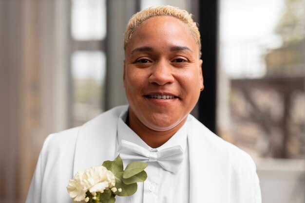 Portrait of bride wearing white for her wedding