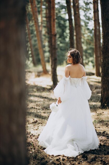 Portrait of bride in wedding dress in forest