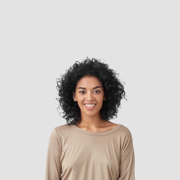 Portrait of brunette woman with curly hair