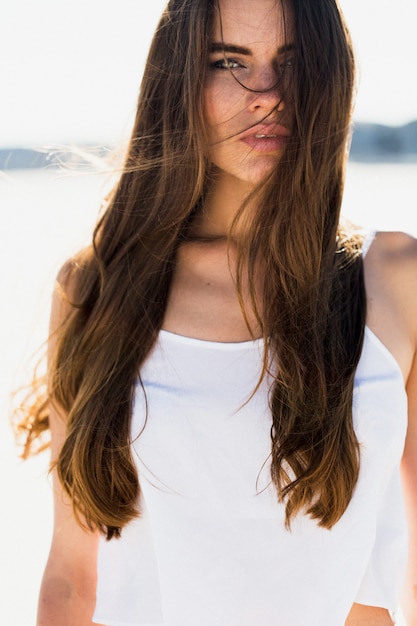 Портрет брюнетка женщина с длинными блестящими волосами
