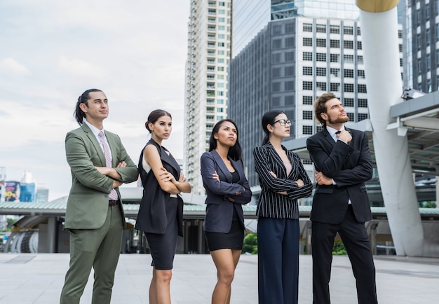 Free photo portrait of business people worker team outside.