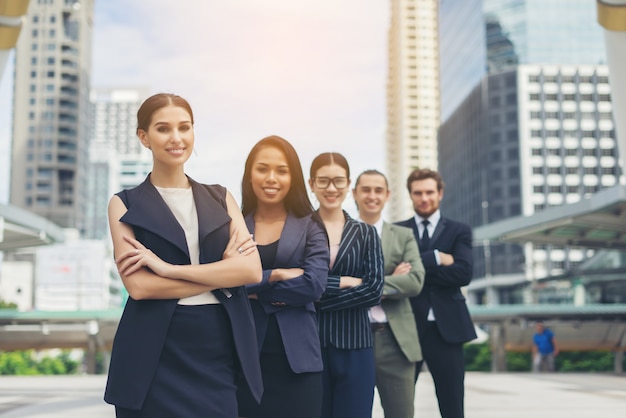 Free photo portrait of business people worker team outside.