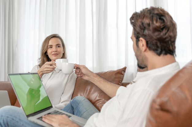 Portrait  businessman and  business woman using the computer laptop at home office