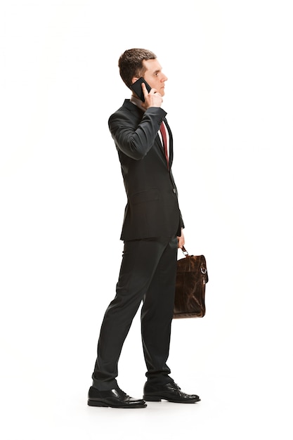 Portrait of businessman with briefcase on white wall