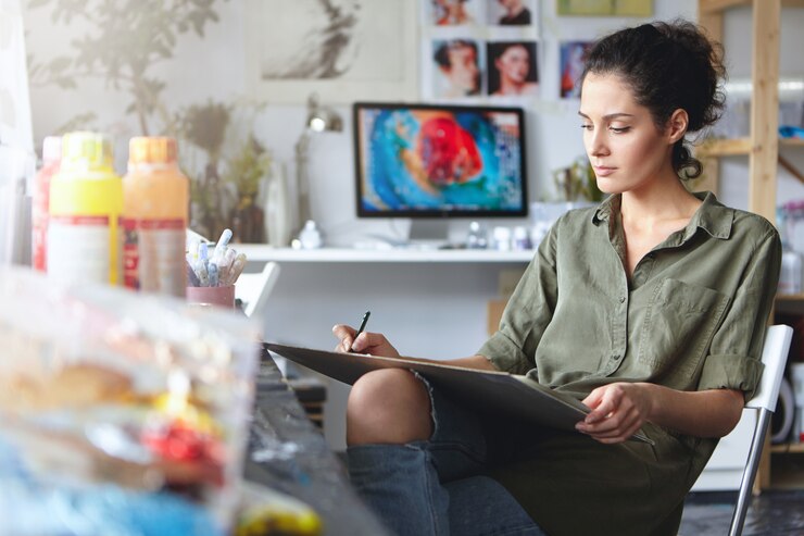 Free Photo portrait of busy confident young brunette woman designer in ripped jeans working on new art project, making drawings or sketches on tablet. beautiful female artist absorbed with her creative work