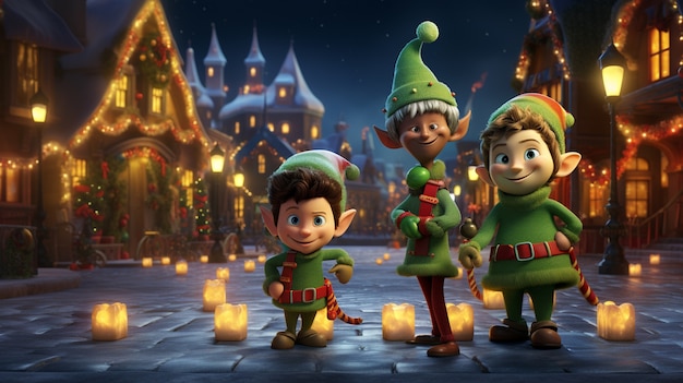 Portrait of cartoon style elves celebrating christmas in town
