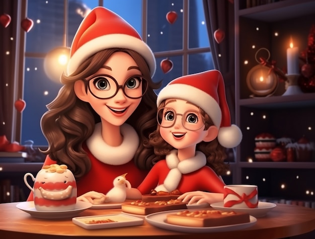 Portrait of cartoon style mother celebrating christmas with her child