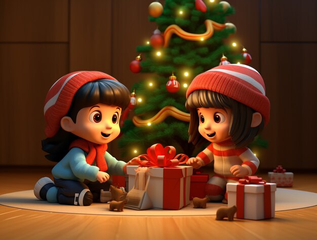 Portrait of cartoon style young children celebrating christmas