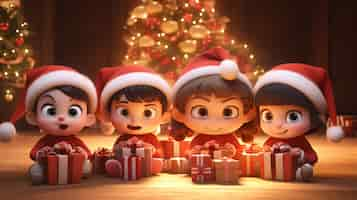 Foto gratuita ritratto di bambini piccoli in stile cartone animato che celebrano il natale