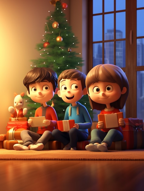 Free photo portrait of cartoon style young children celebrating christmas