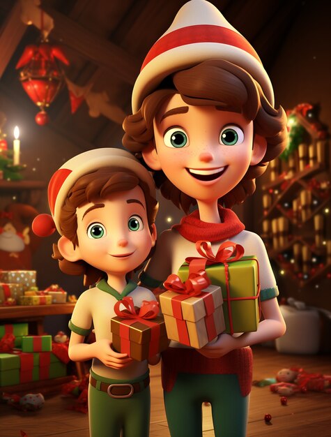 Portrait of cartoon style young children celebrating christmas