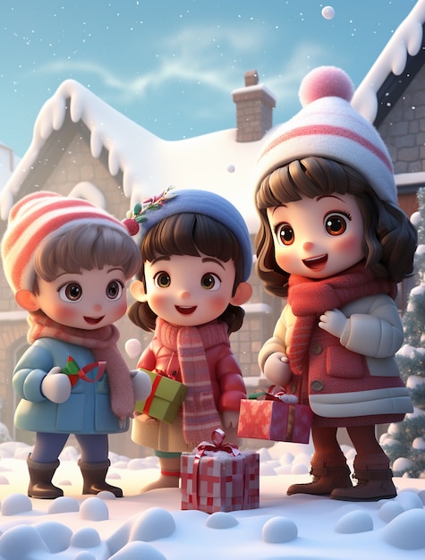 Portrait of cartoon style young children celebrating christmas