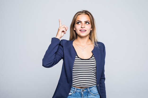 Portrait of a casual girl have idea looking away at copy space isolated