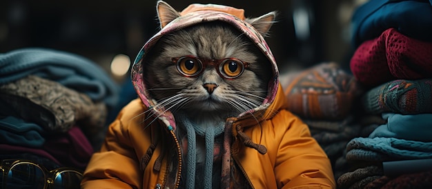 Free photo portrait of a cat wearing a scarf on his head in a shop