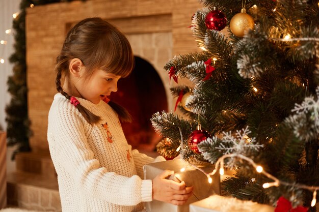 Portrait of Caucasian little girl standing near Christmas tree and present boxes, dressed white sweater, having dark hair and pigtails, merry Christmas and happy new year.